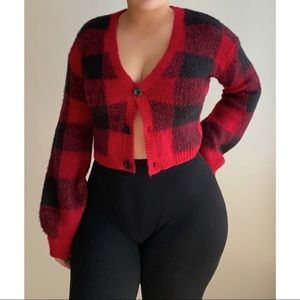 Cropped Lumberjack Print Sweater